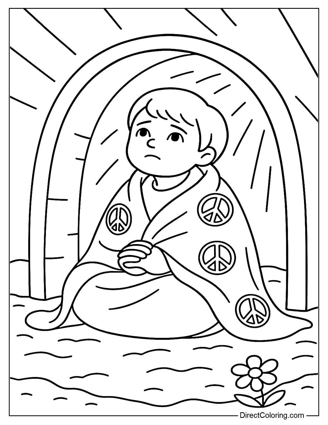 A coloring page of a child sitting in a shelter with a blanket of peace on it, covered in a blanket with a peace symbol.